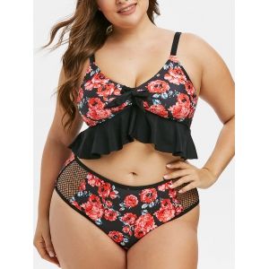 

Plus Size Flounce Floral Print Tankini Swimwear, Black