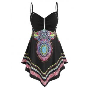 

Plus Size Asymmetric Tribal Print Tank Top, Black