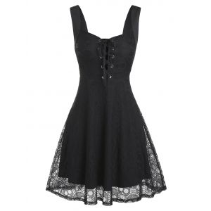 

Lace-up Sleeveless Skull Lace Dress, Black