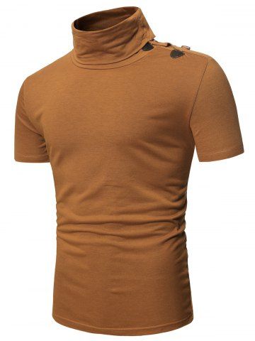 Turtleneck Horn Button Short Sleeve Slim Fit T Shirt - BROWN - 3XL