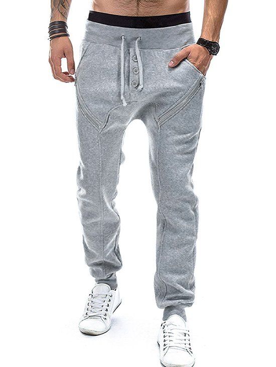 

Plain Mock Button Zip Casual Jogger Pants, Light gray