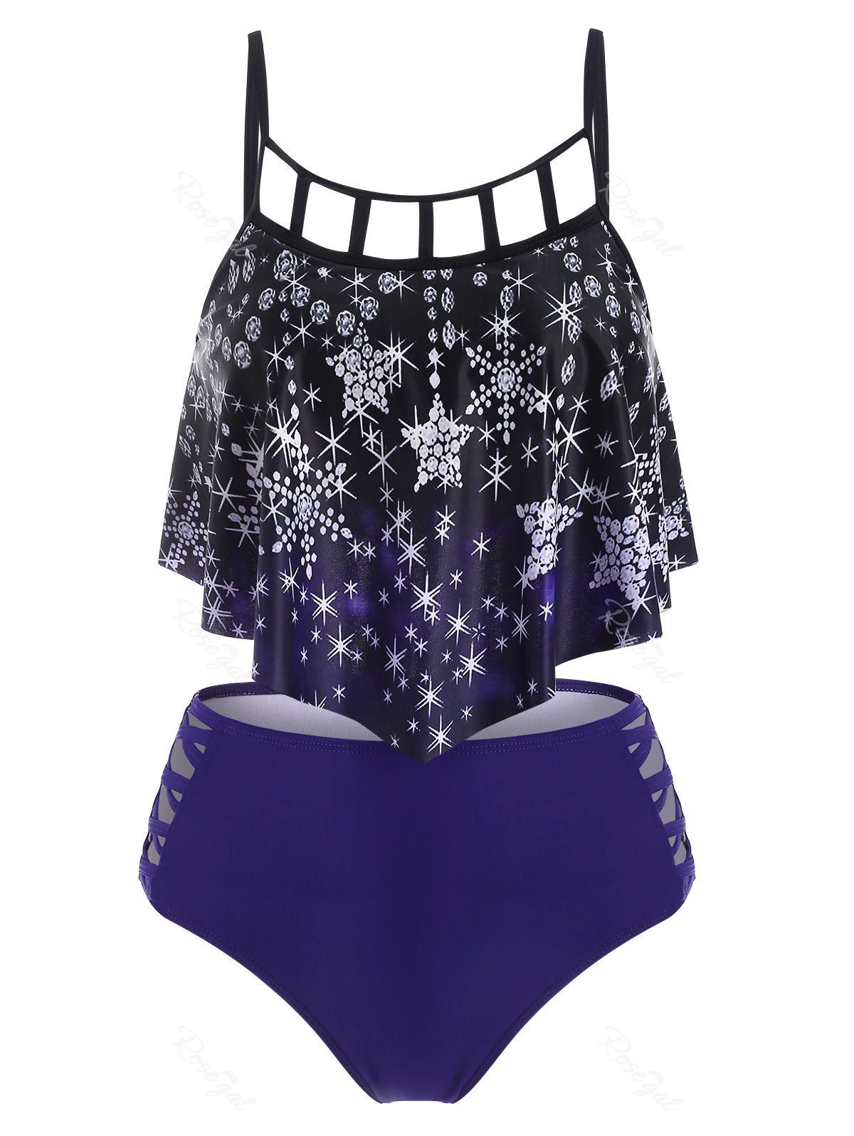 

Dazzling Star Flounces Lattice Tankini Swimwear, Navy blue