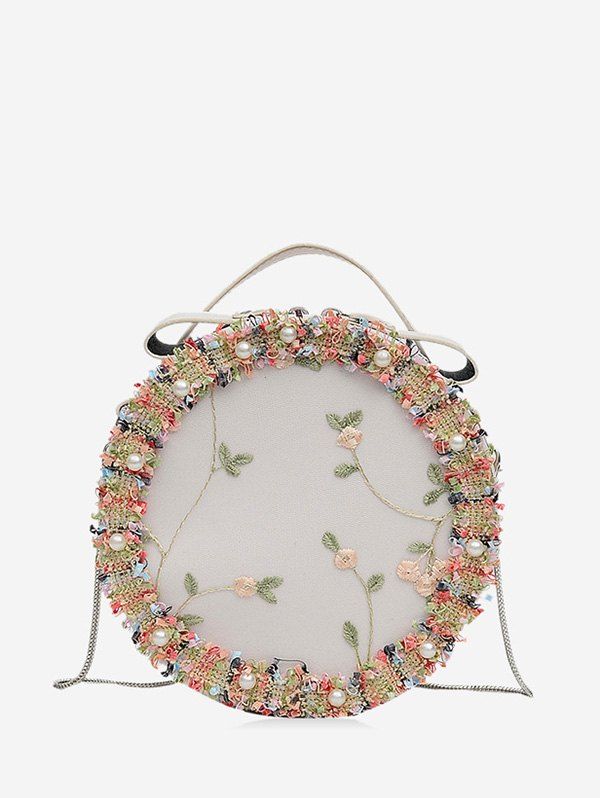 

Floral Mesh Faux Pearl Crossbody Canteen Bag, White