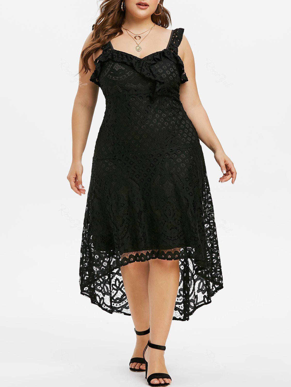 Plus Size High Low Ruffle Lace Maxi Dress [36% OFF] | Rosegal