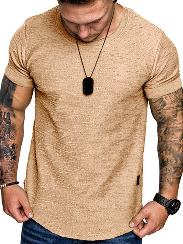

Pure Color Short Sleeve Curved T Shirt, Khaki