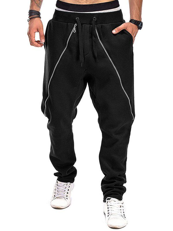 

Pure Color Zip Accent Drawstring Jogger Pants, Black