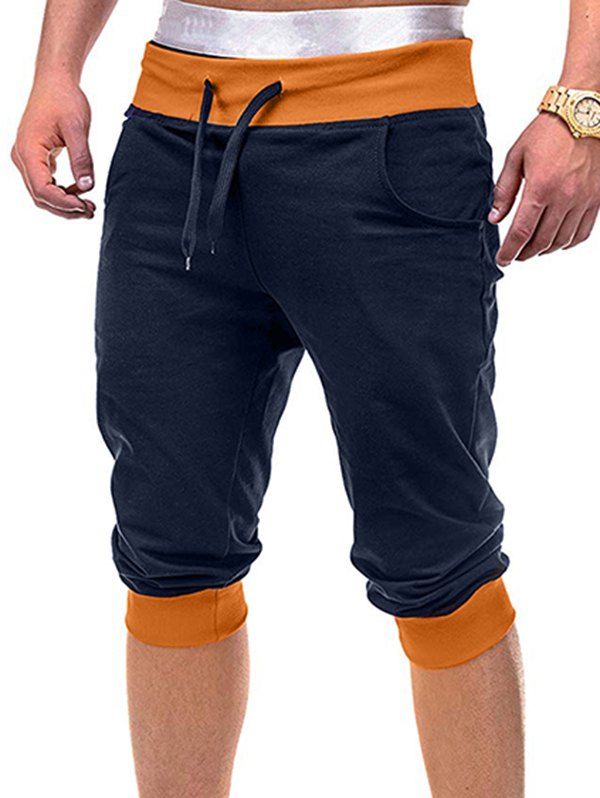 

Contrast Trim Drawstring Capri Pants, Cadetblue