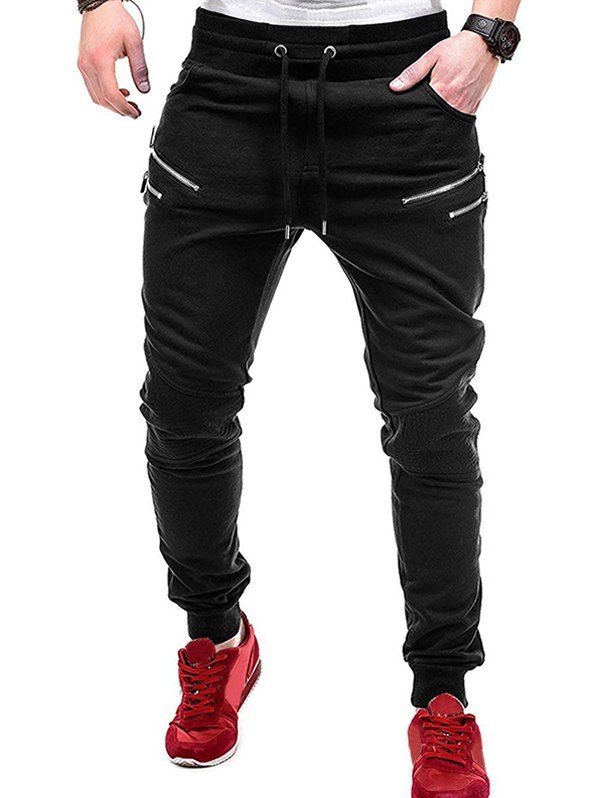 

Plain Zip Accent Drawstring Jogger Pants, Black