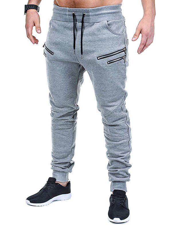 

Plain Zip Accent Drawstring Jogger Pants, Light gray