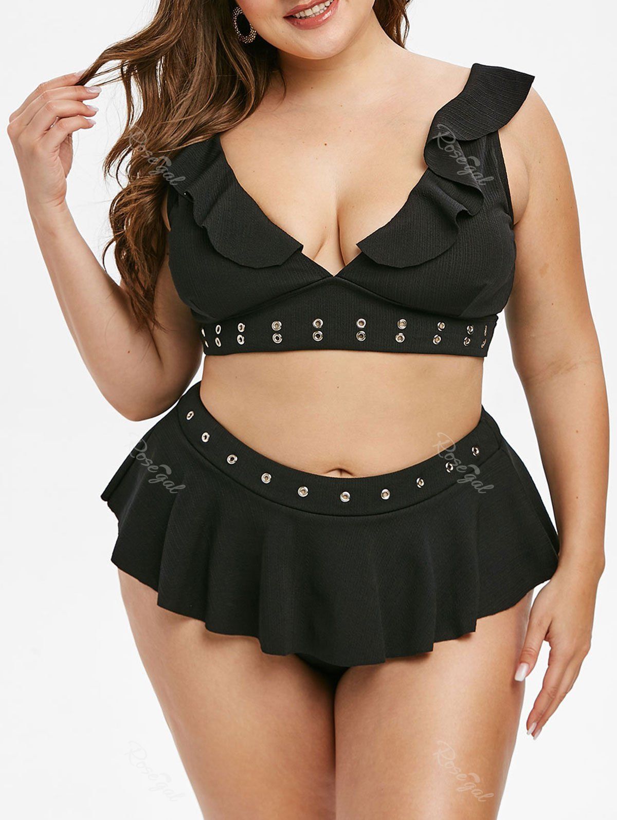 

Plus Size Grommets Ruffle Ribbed Tankini Swimsuit, Black