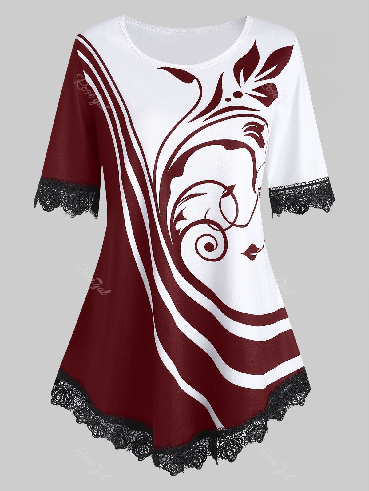

Plus Size Floral Print Two Tone Tee, Red wine