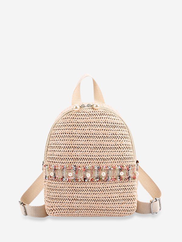 

Faux Pearl Embellished Straw Small Backpack, Warm white