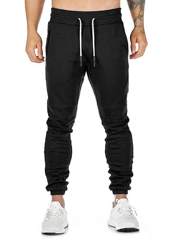 

Solid Color Zip Pockets Drawstring Jogger Pants, Black