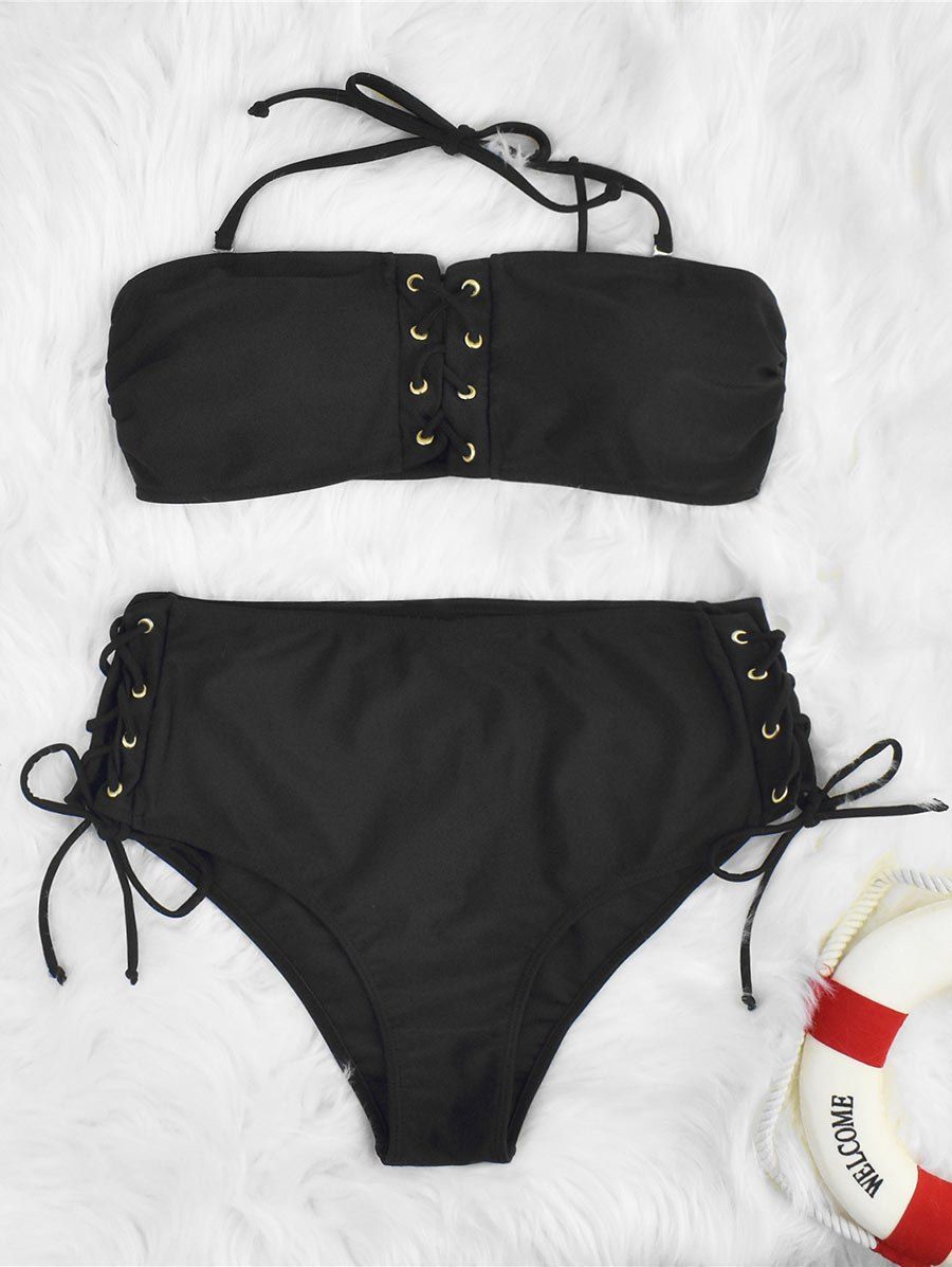 

Lace Up Halter Tie High Rise Bikini Swimwear, Black