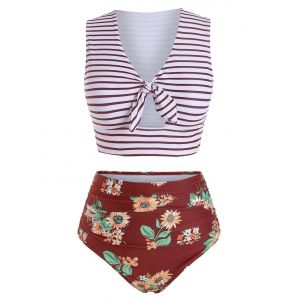 

Striped Floral V Neck Two Piece Swimsuit, Red wine