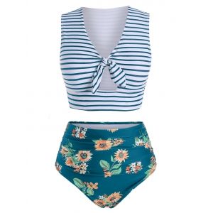 

Striped Floral V Neck Two Piece Swimsuit, Peacock blue