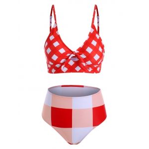 

Plaid Knotted High Waisted Bikini Swimwear, Red