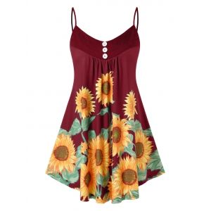 

Plus Size Printed Sunflower Button Slip Tank Top, Red wine