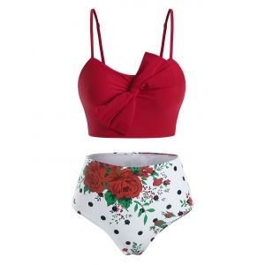 

Polka Dot Bowknot Rose Tankini Swimwear, Lava red