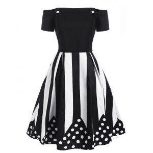 

Polka Dot Striped Off Shoulder Dress, Black