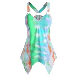 

Plus Size O Ring Tie Dye Handkerchief Tank Top, Aquamarine