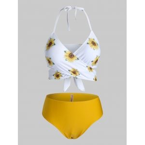 

Plus Size Sunflower Print Wrap Tankini Swimwear, Multi