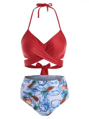 Flower Bird Pineapple Halter Criss Cross Tummy Control Bikini Swimwear - RED - L