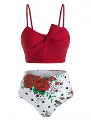 Polka Dot Bowknot Rose Tankini Swimwear - LAVA RED