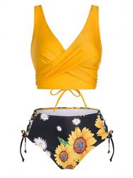 Floral Print Lace Up High Waisted Tankini Swimwear - ORANGE GOLD