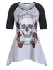 T-shirt Asymétrique Rose et Crâne à Manches Raglan Grande Taille - Nuage Gris 2X