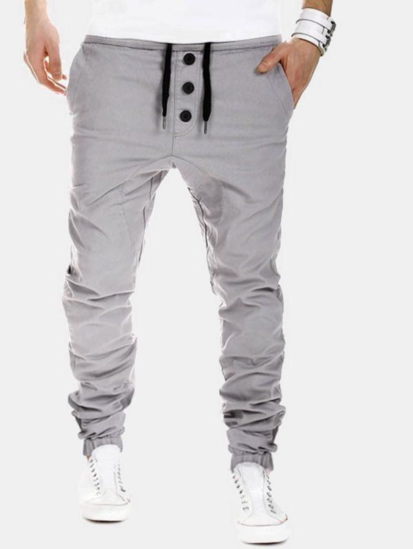 

Solid Drawstring Jogger Pants with Buttons, Gray