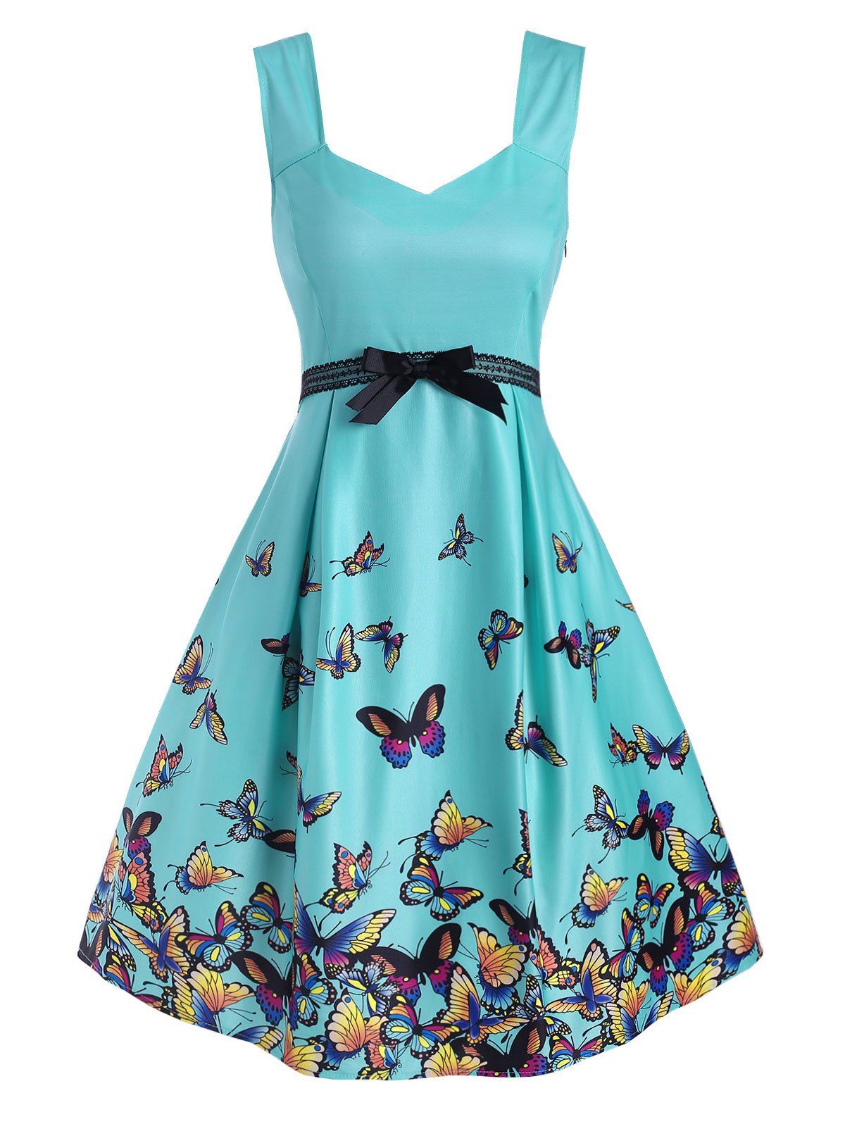

Butterfly Print Lace Panel Bowknot Empire Waist Dress, Turquoise