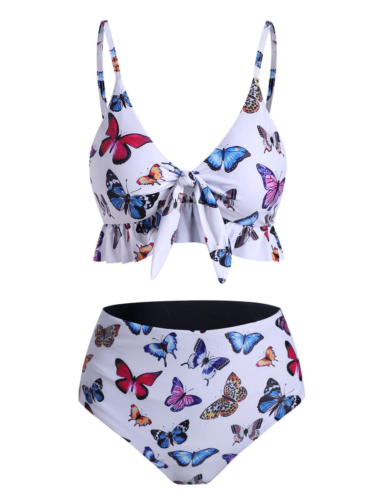 

Butterfly Print Ruffle Knot Ruched Reversible Bikini Swimwear, White