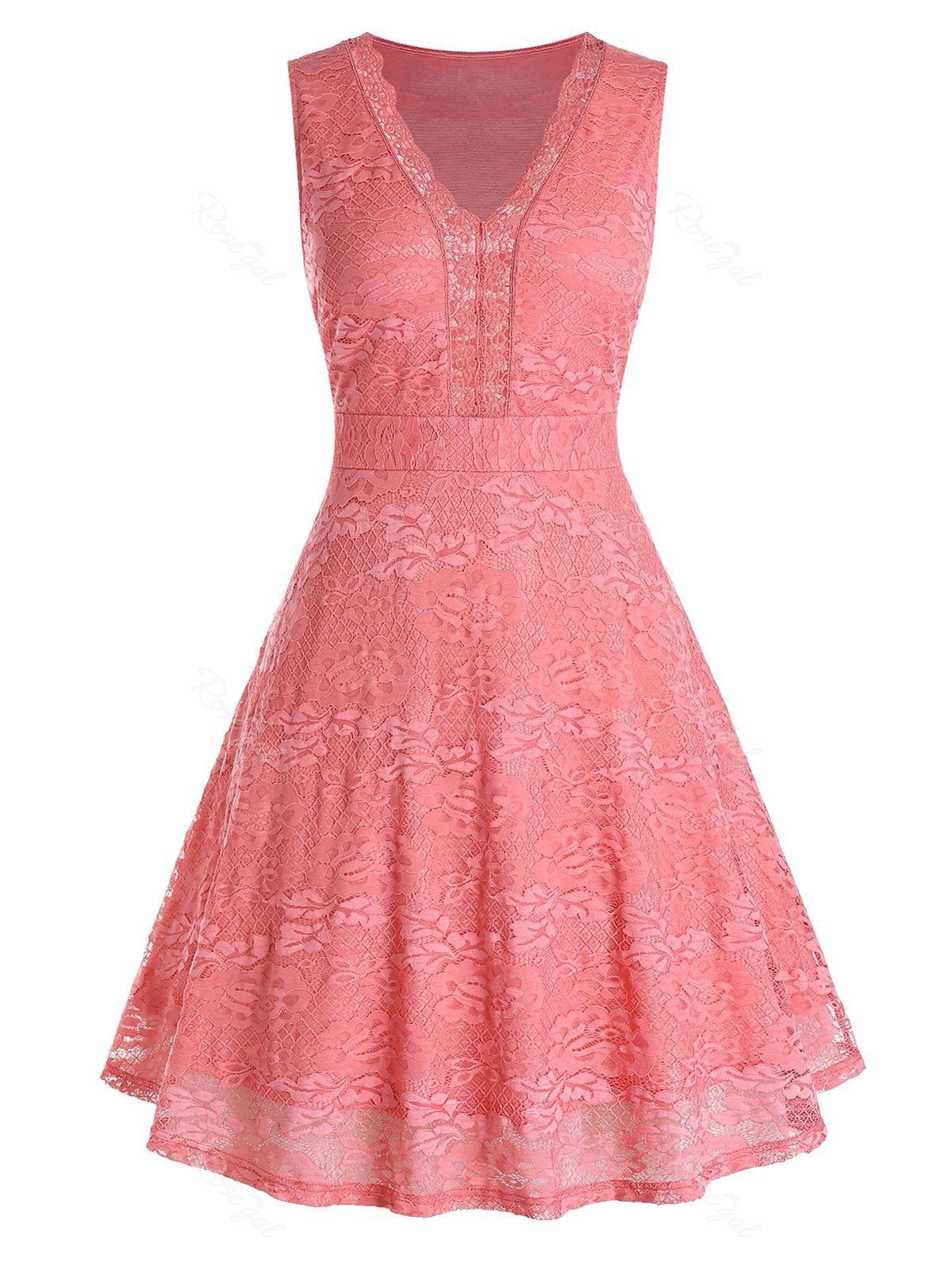 

Plus Size Lace A Line High Waisted Dress, Living coral