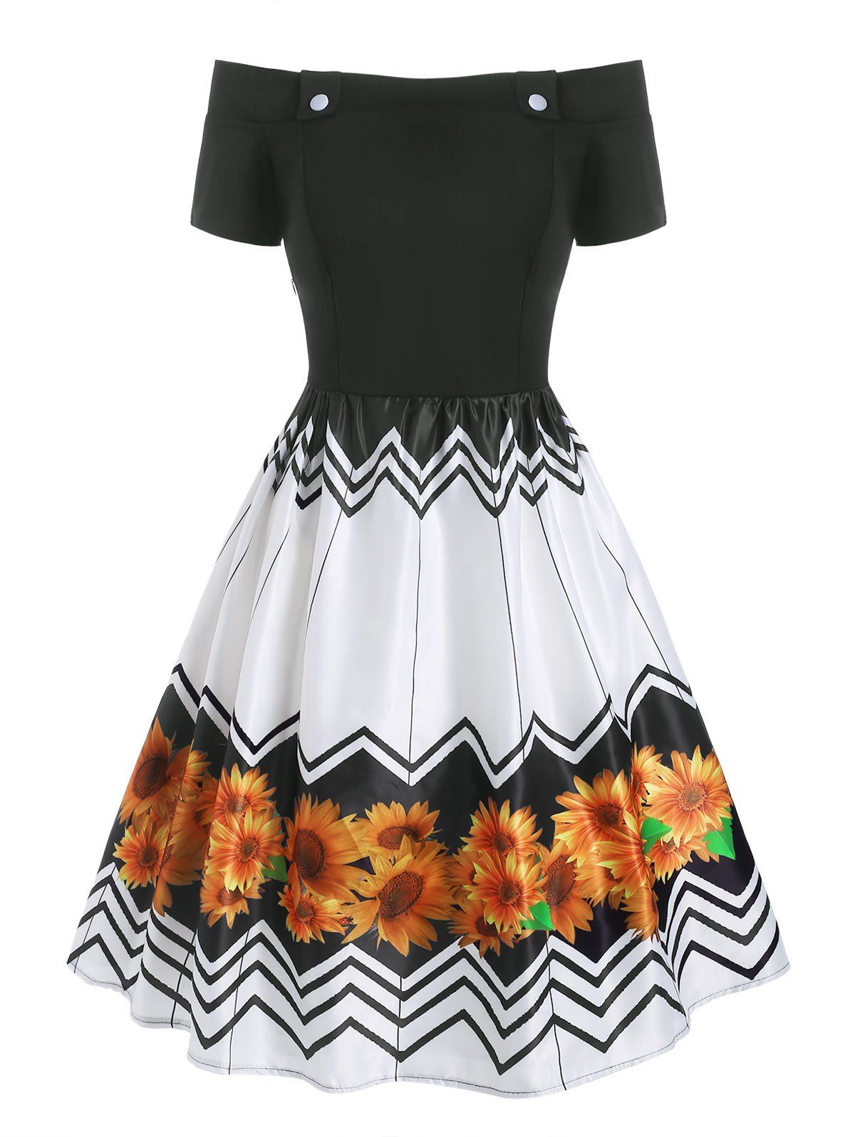

Zigzag Sunflower Off Shoulder Button Embellished Dress, Black