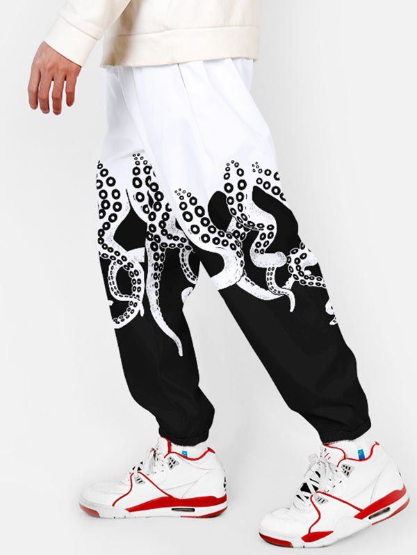 

Octopus Print Drawstring Jogger Pants, Black