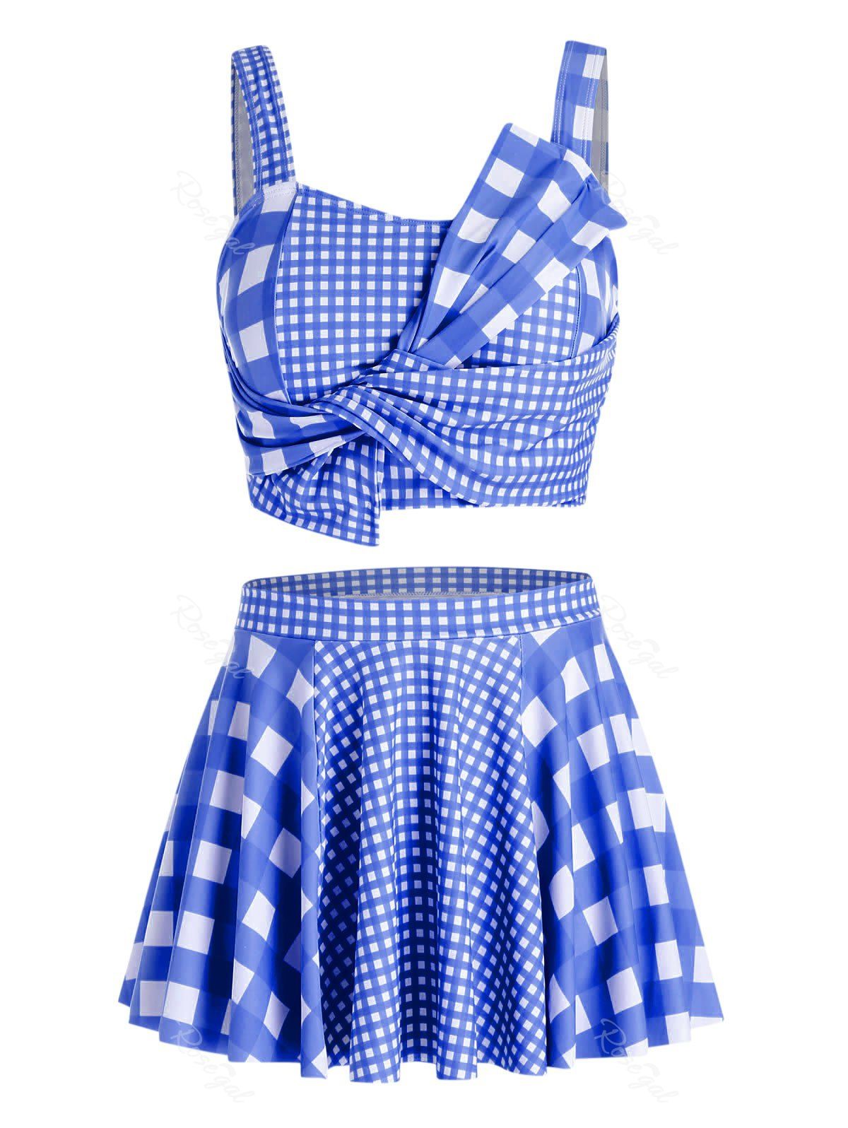 

Plus Size Plaid Design Asymmetric Tankini Swimsuit, Blueberry blue