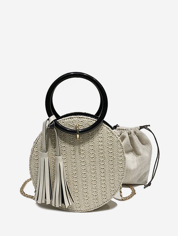 

Fringe Details Straw Round Crossbody Bag Set, Beige