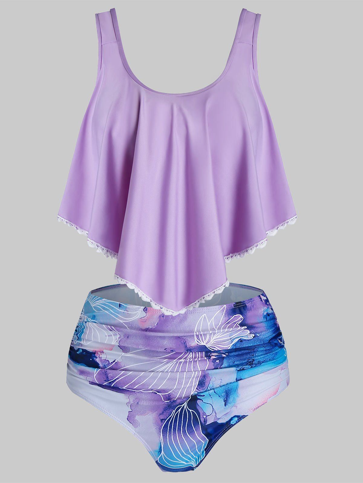 

Flower Print Lace Hem Padded Tankini Swimwear, Lilac