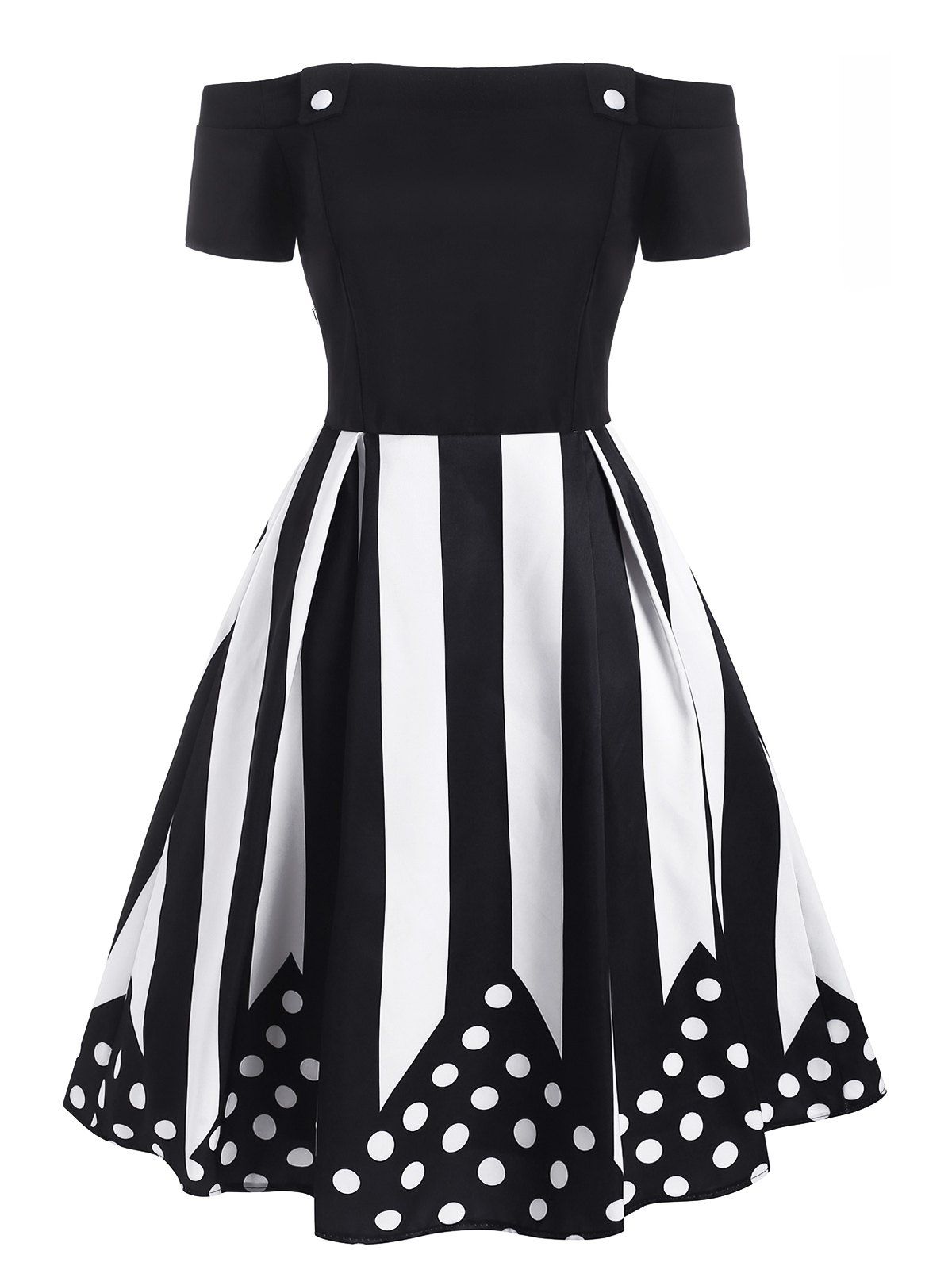 

Polka Dot Striped Off Shoulder Dress, Black