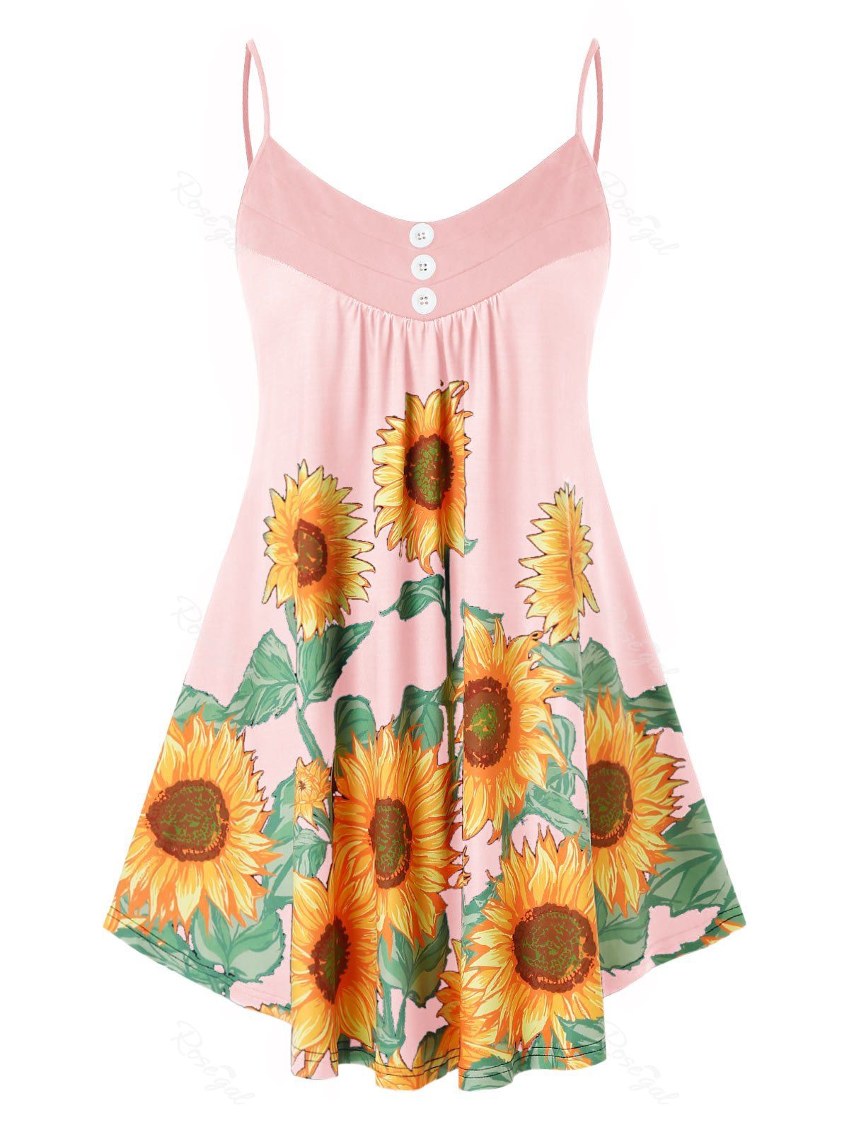 

Plus Size Printed Sunflower Button Slip Tank Top, Light pink