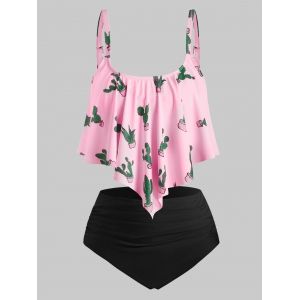 

Plus Size Overlay Cactus Print Tankini Swimwear, Light pink