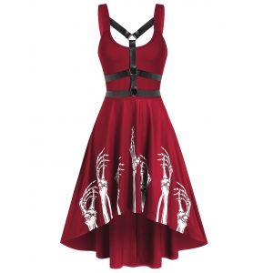 

Skeleton Print Harness Insert High Low Flare Dress, Red wine