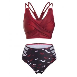 

Bat Print Cut Out Crossover Bikini Swimwear, Red wine