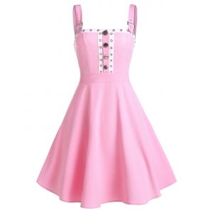 

Buckle Strap Grommet Tape Mock Button Dress, Pink