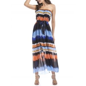 

Chiffon Strapless Printed Belted Dress, Sky blue