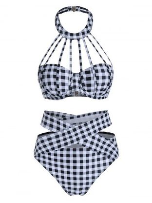 Checked Halter Strappy Underwire Tankini Swimwear