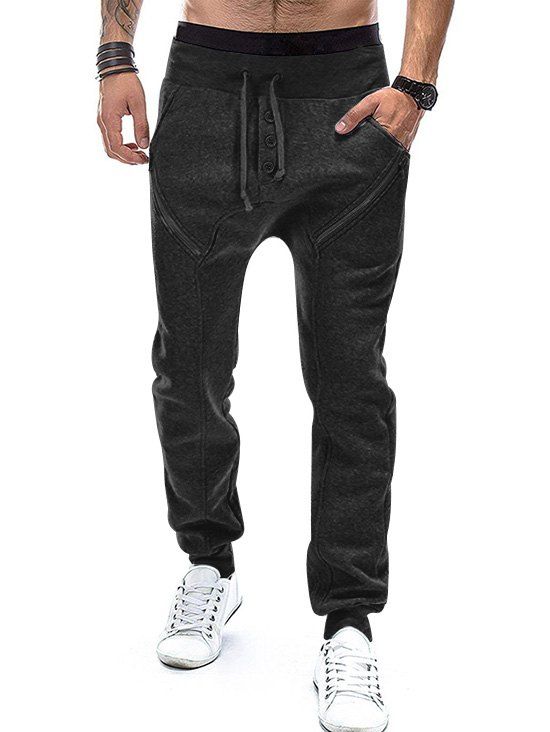 

Plain Mock Button Zip Casual Jogger Pants, Black