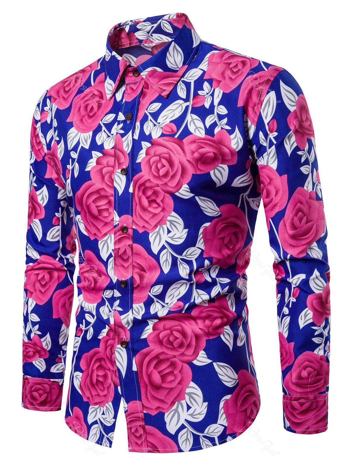 

Allover Flower Printed Long Sleeve Shirt, Cobalt blue