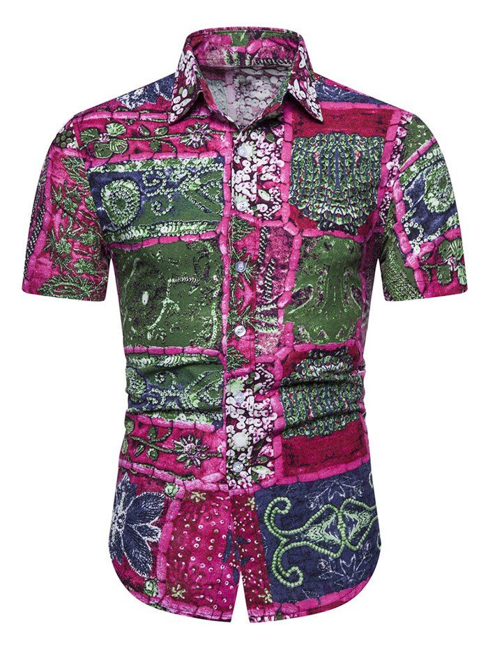 

Plant Floral Spliced Print Short Sleeve Shirt, Burnt pink